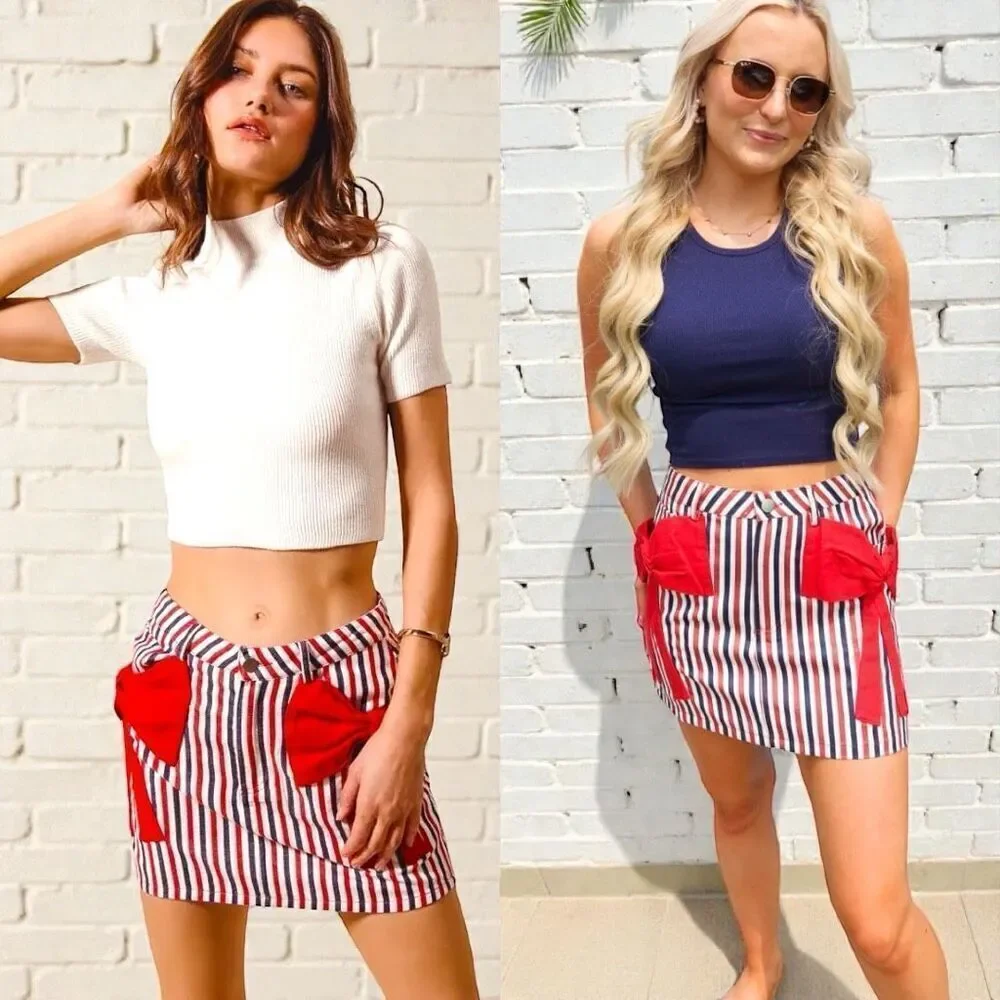 Denim Mini Skirt Patriotic Flag USA Red White Blue Striped Bow Pocket XL SO ME - Picture 2 of 13